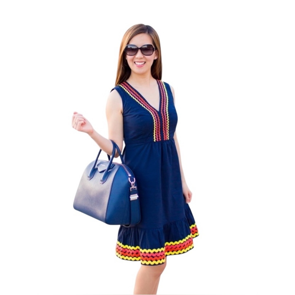 Boden Navy Midi Dress with Yellow & Red Trim